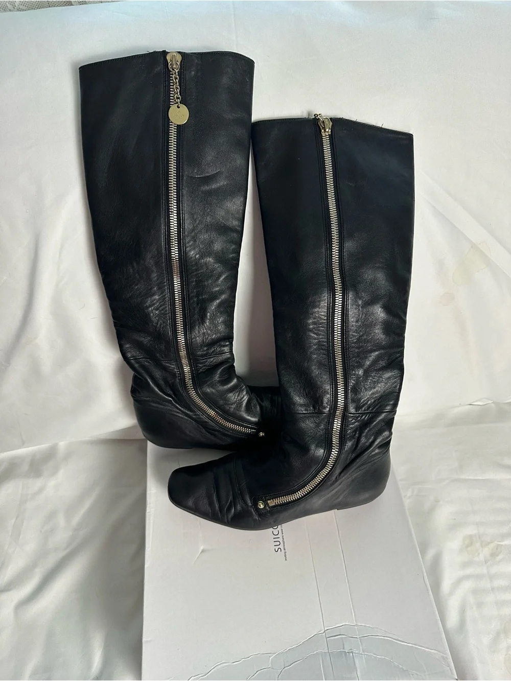 Gucci Tall Black Glove Leather Wedge Boots Gold Lining Size 6.5B